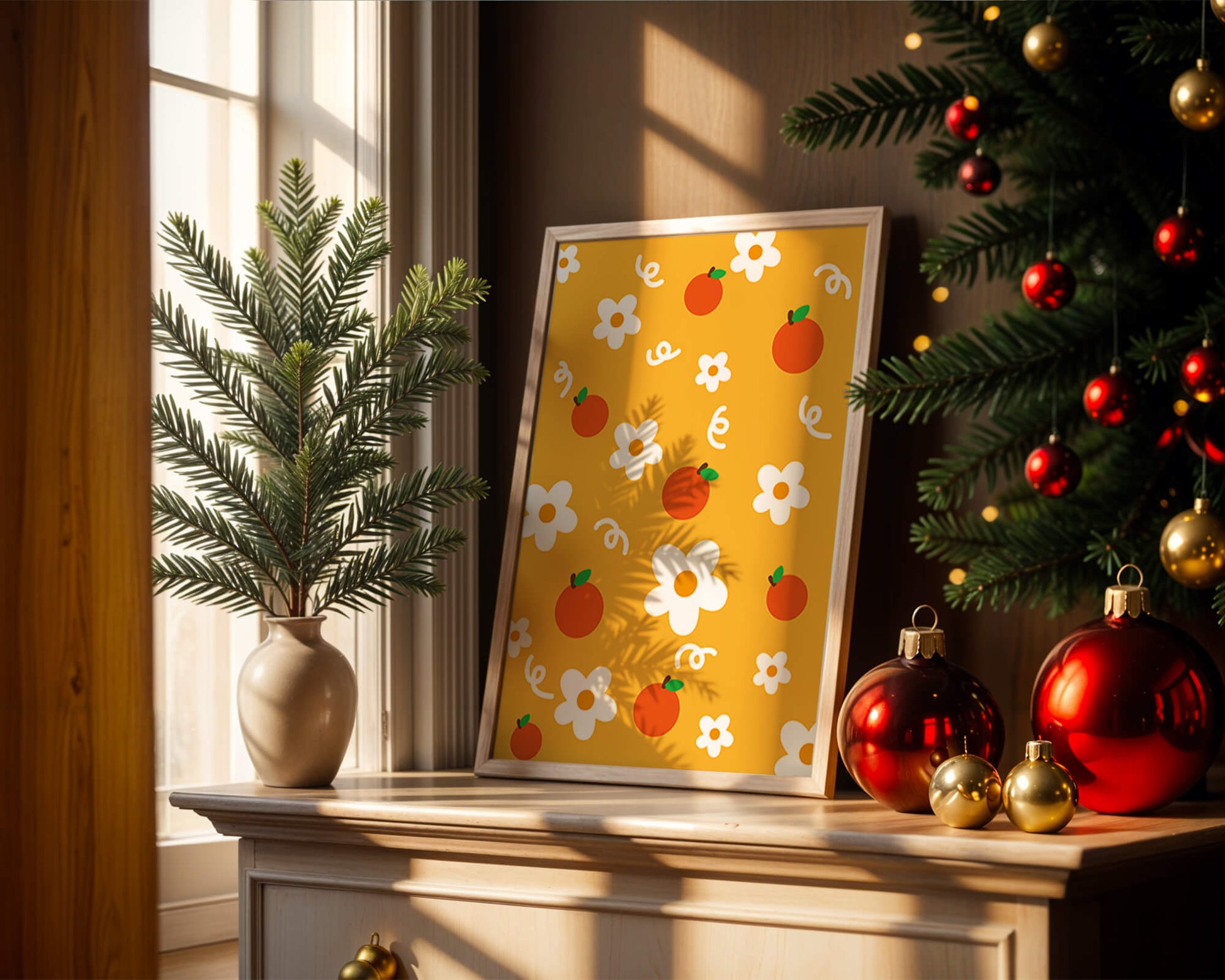 Playful floral and fruity pattern on a vibrant yellow background