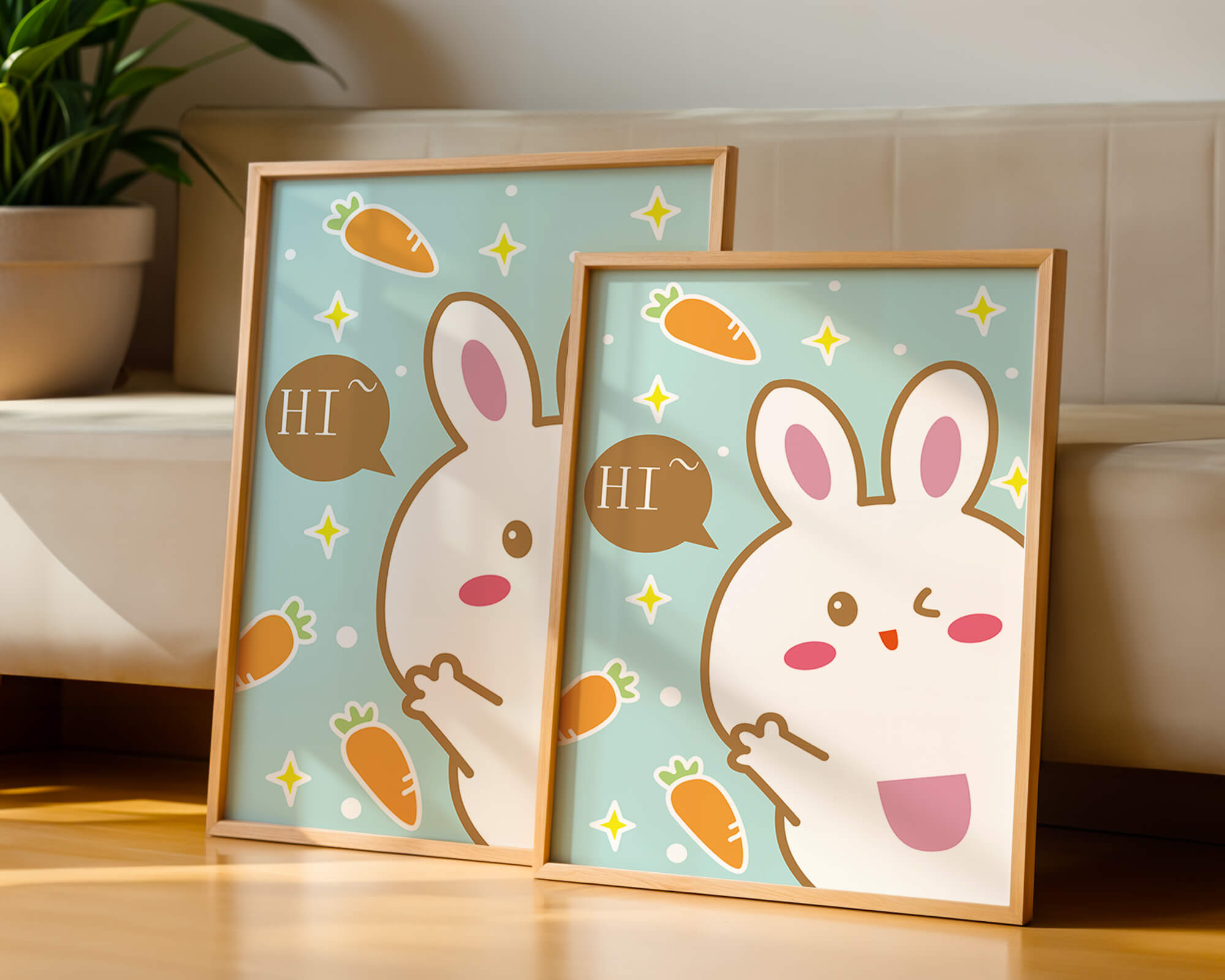 Playful cartoon bunny with carrots and stars on teal background