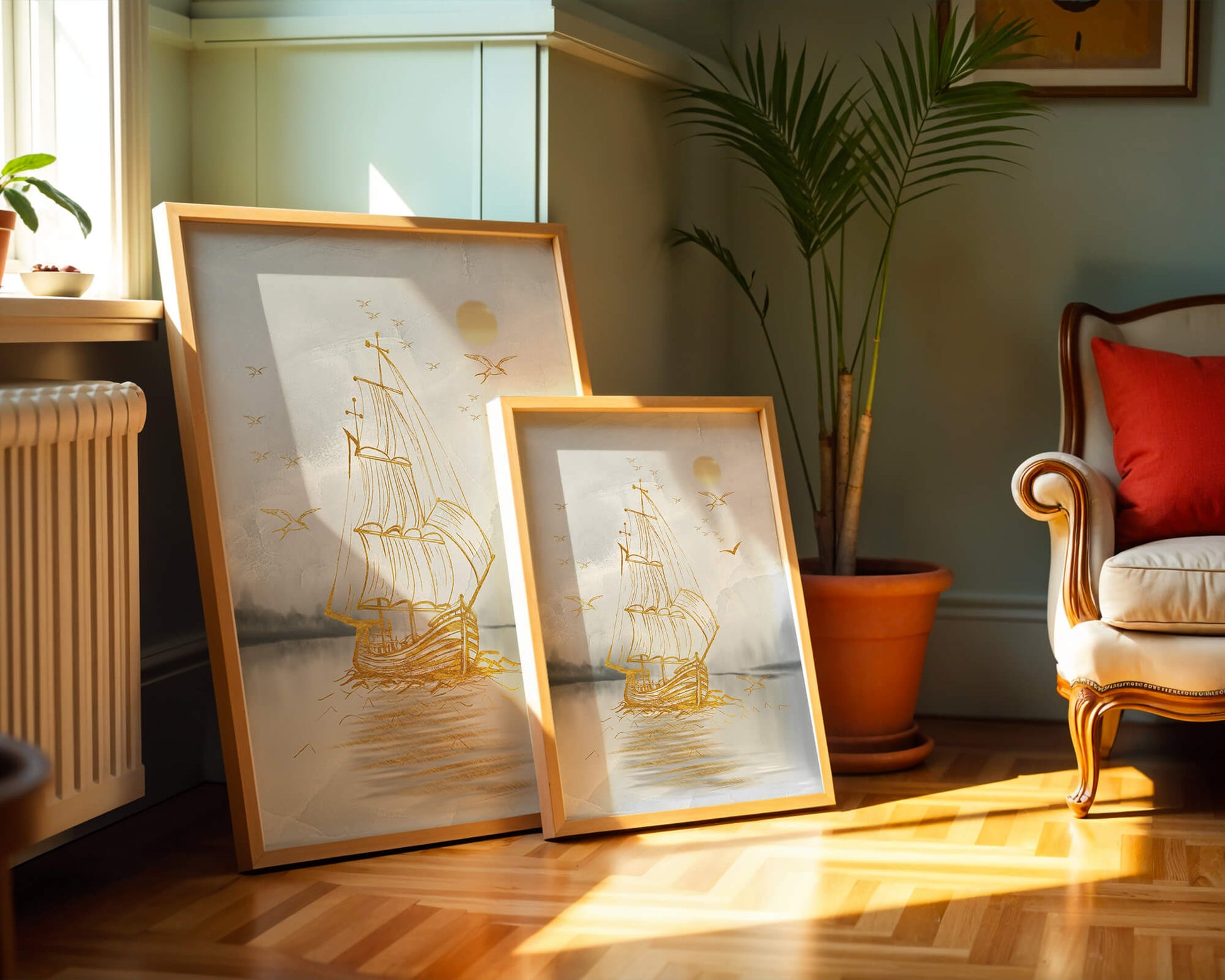 Serene nautical scene with golden sailboat at sea