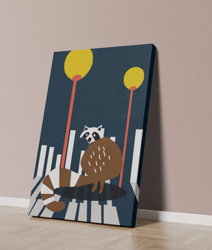 Raccoon Illustration with Urban Street Lamps and Geometric Design