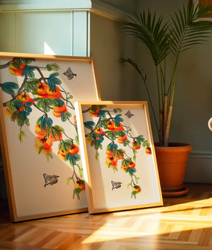 Branch with vibrant persimmons and birds illustration