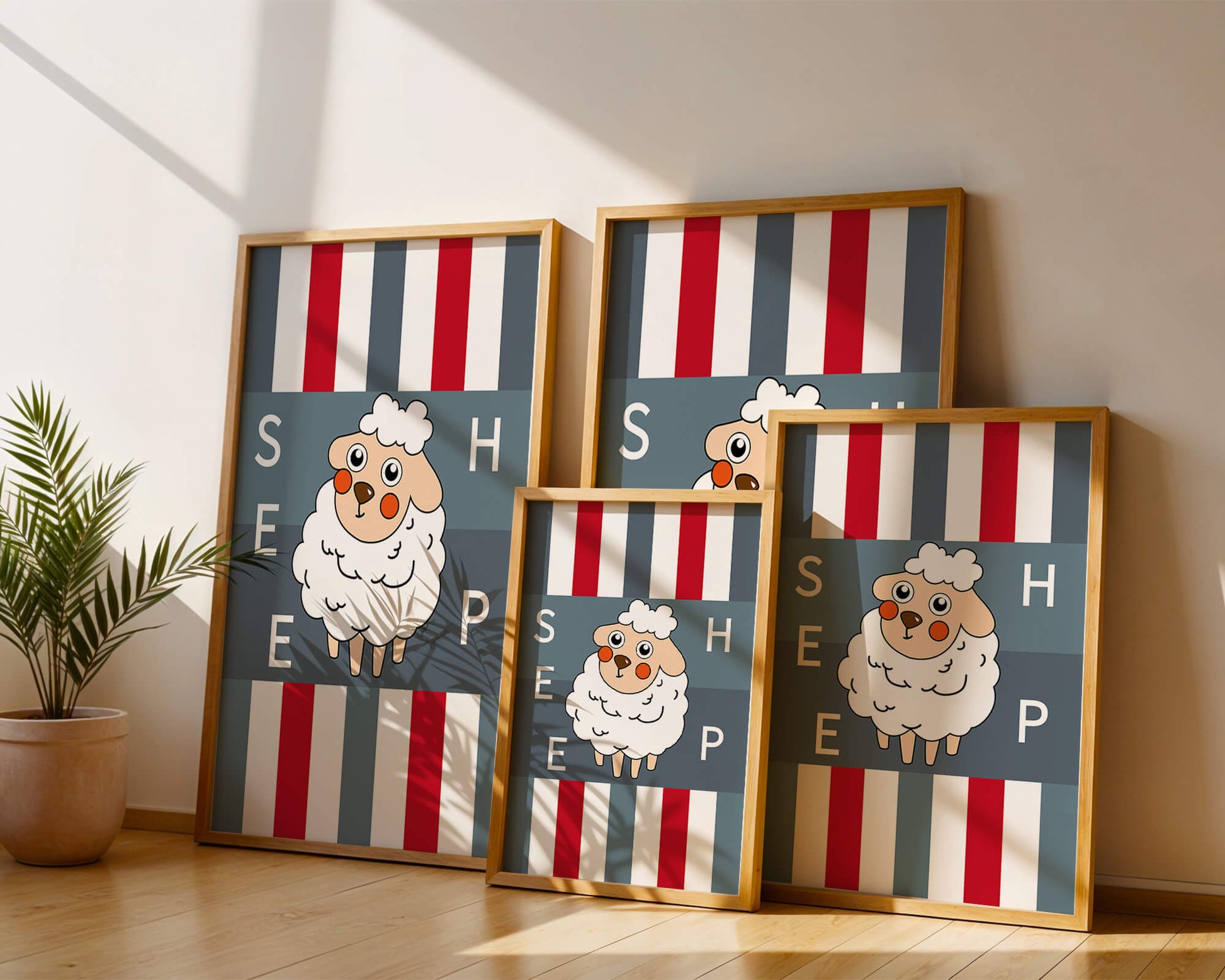 Playful sheep illustration on striped background