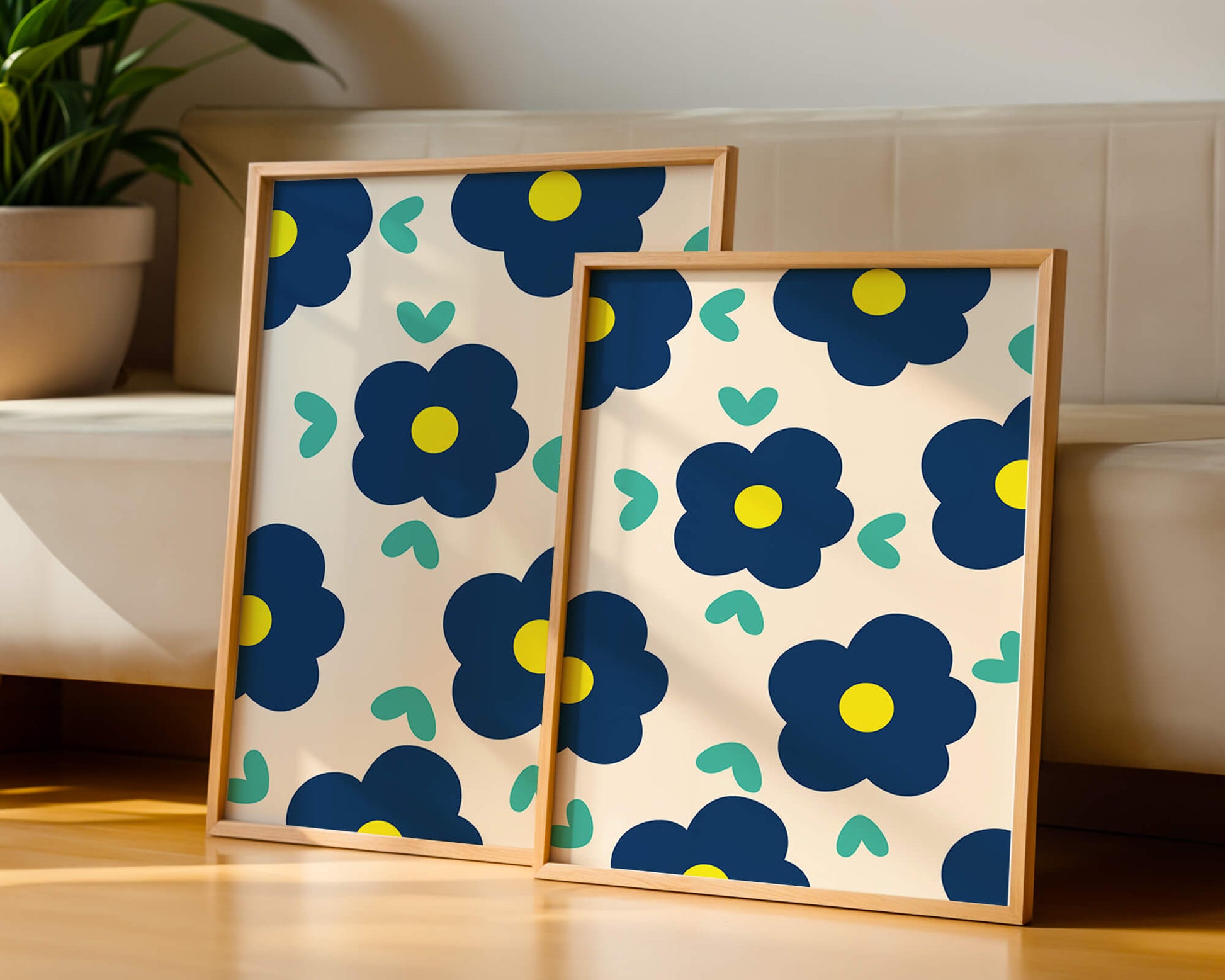 Blue floral pattern with yellow centers on cream background