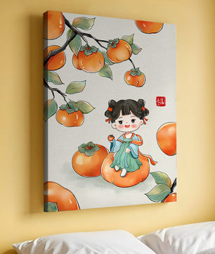 Illustration of a girl sitting on a persimmon surrounded by fruit and leaves