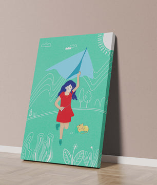Illustration d'une fille avec un cerf-volant dans un paysage fantaisiste