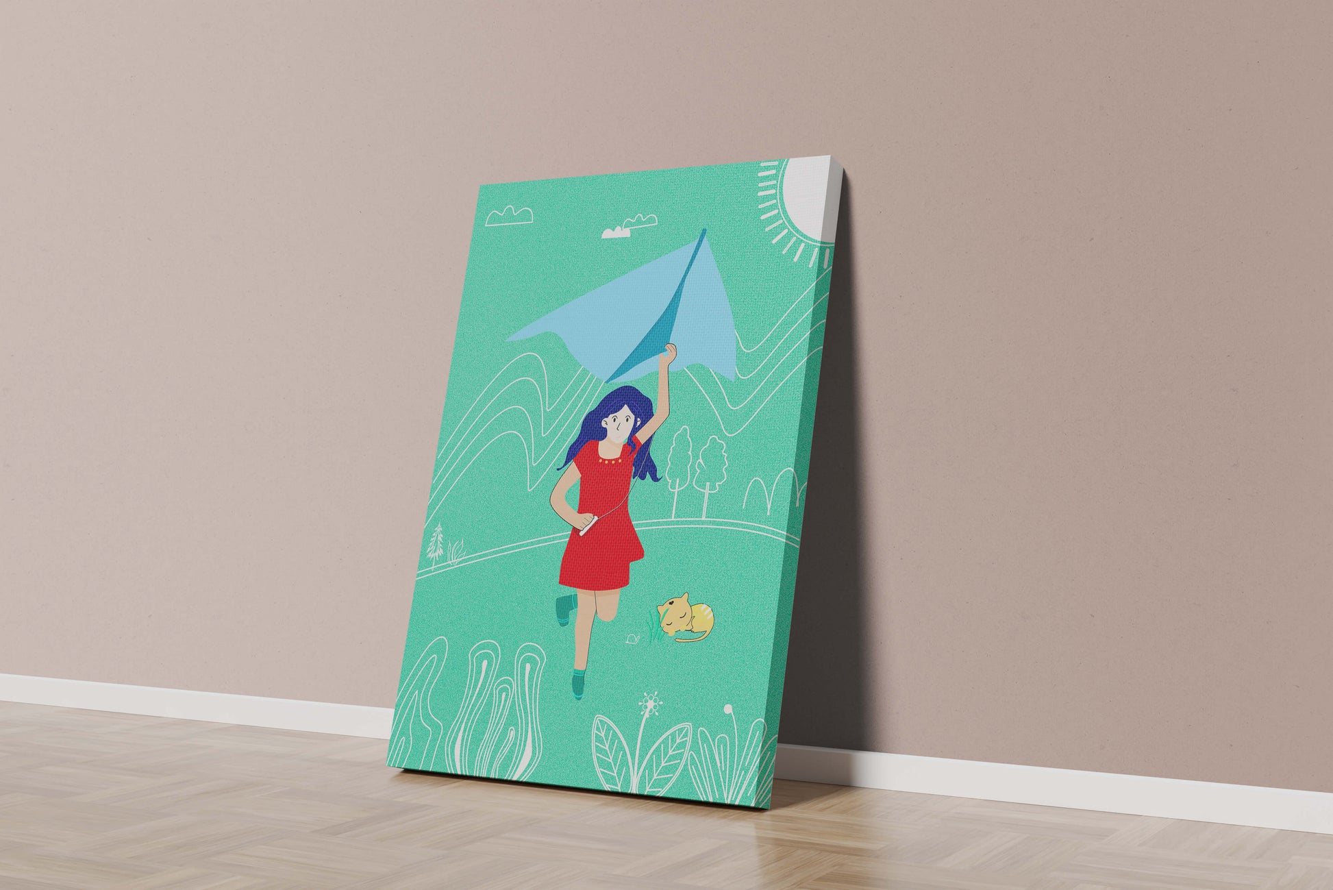 Illustration of a girl with a kite in a whimsical landscape