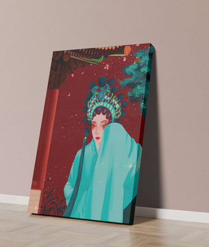 Traditional Asian art with elegant woman in traditional attire
