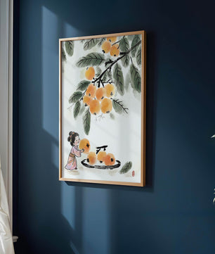 Arte japonés con una niña recogiendo caquis bajo un árbol