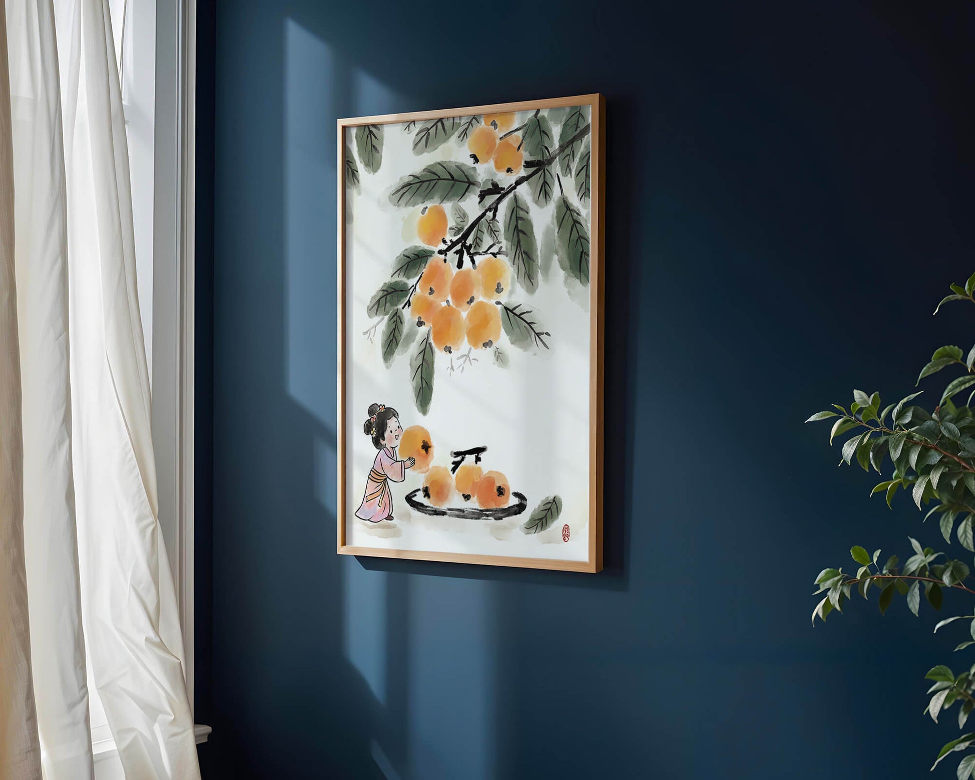 Arte japonés con una niña recogiendo caquis bajo un árbol