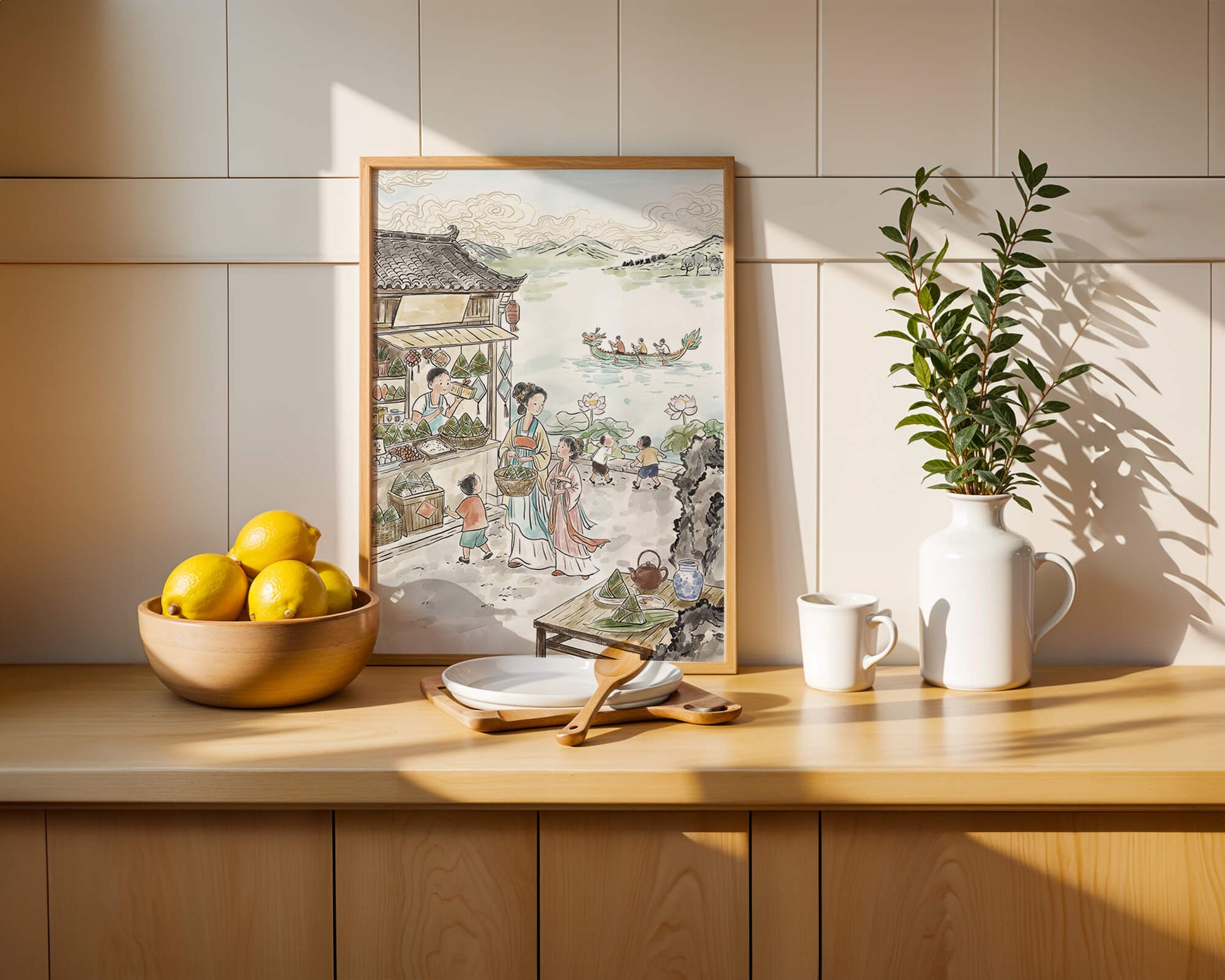 Escena tradicional del mercado chino con carreras de botes dragón