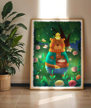 Charming bear in a colorful garden with flowers and fireflies