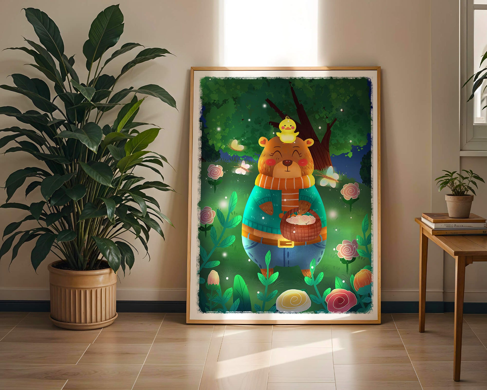 Charming bear in a colorful garden with flowers and fireflies