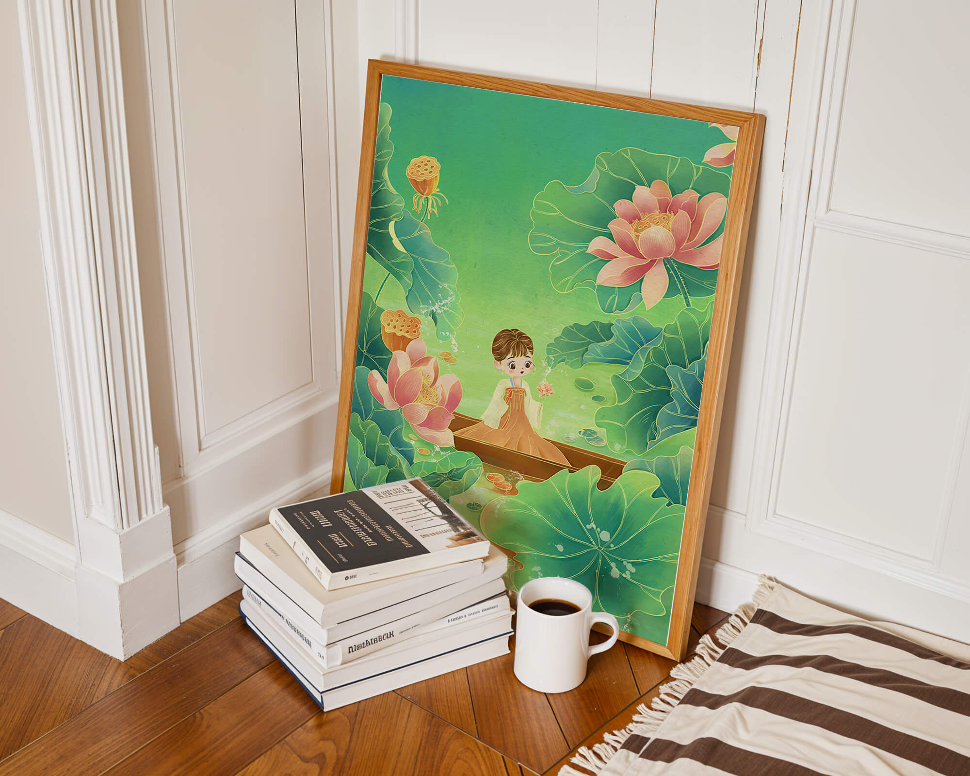 Serene illustration with girl among lotus flowers and green leaves