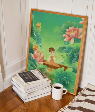 Serene illustration with girl among lotus flowers and green leaves