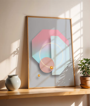 An abstract geometric art piece with pastel tones and golden accents