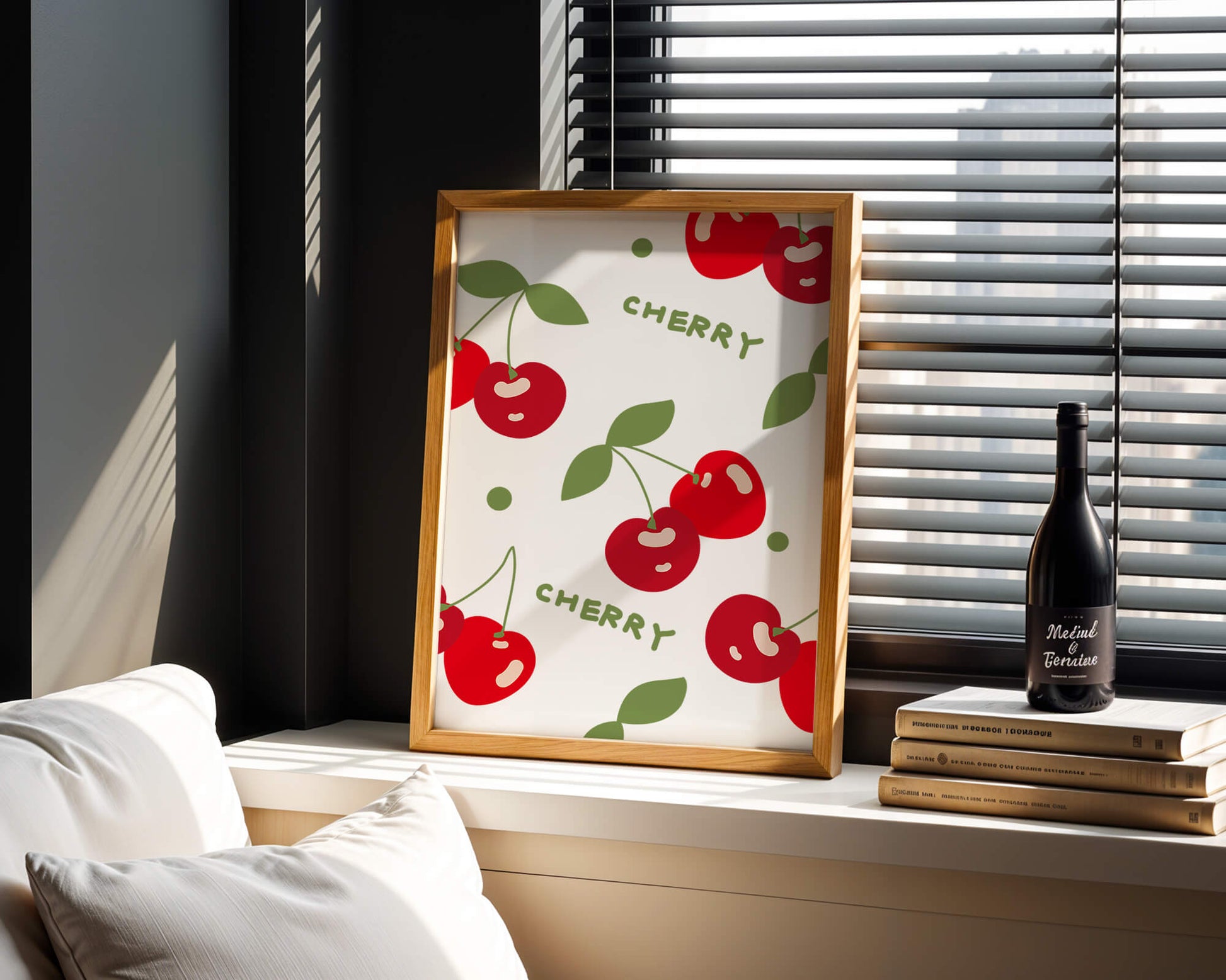 Cherry pattern on black background with green leaves