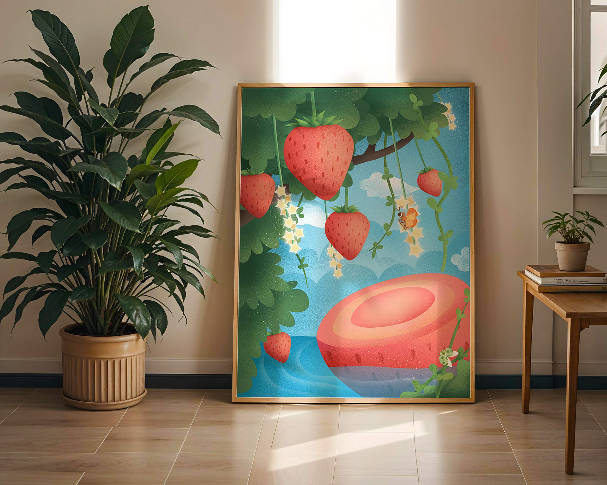 Illustrated strawberries in a whimsical garden setting