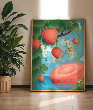 Illustrated strawberries in a whimsical garden setting