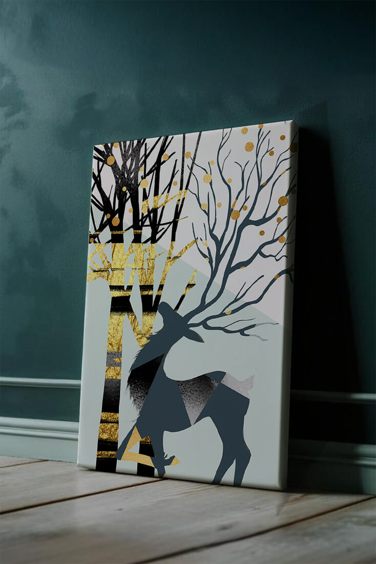 Abstract Deer Silhouette with Golden Accents and Trees