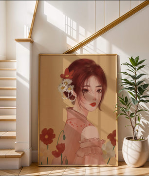 Portrait élégant d'une femme avec des ornements floraux et une expression douce