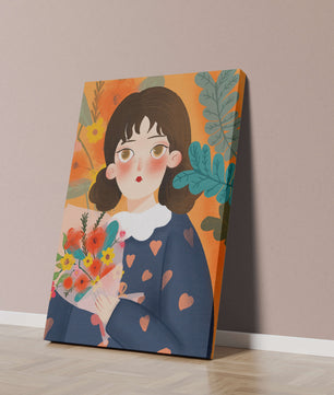 Ilustración encantadora de una chica con flores y corazones