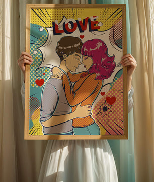 Ilustración de pop art romántico con pareja abrazándose y texto de amor