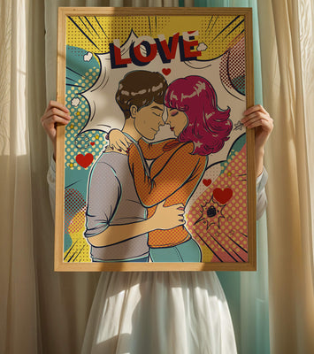 Romantic Pop Art Illustration with Embracing Couple and Love Text