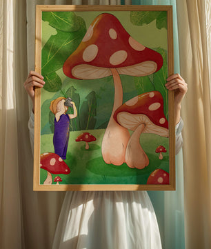 Playful illustration of a child with oversized mushrooms in a whimsical forest setting