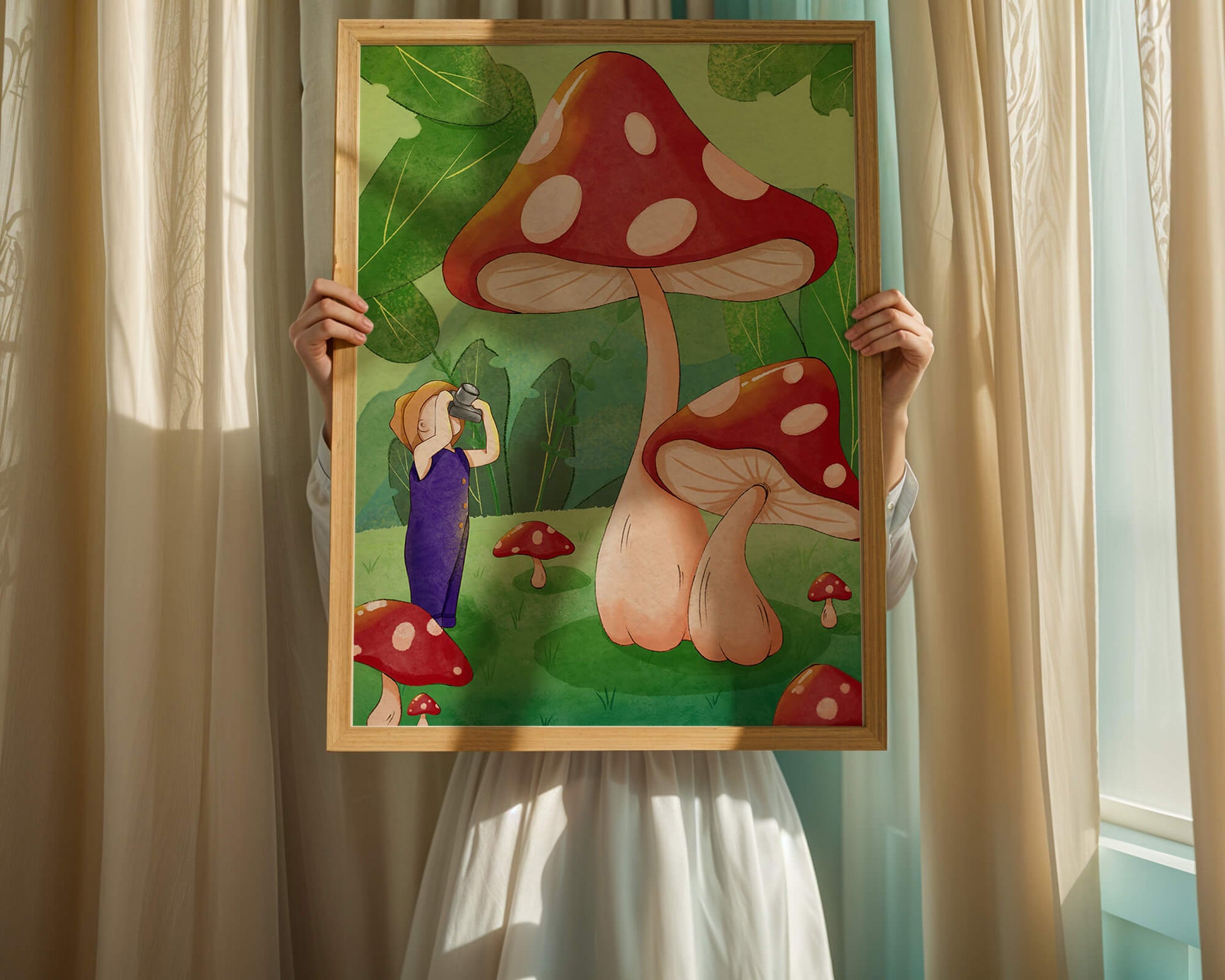 Playful illustration of a child with oversized mushrooms in a whimsical forest setting