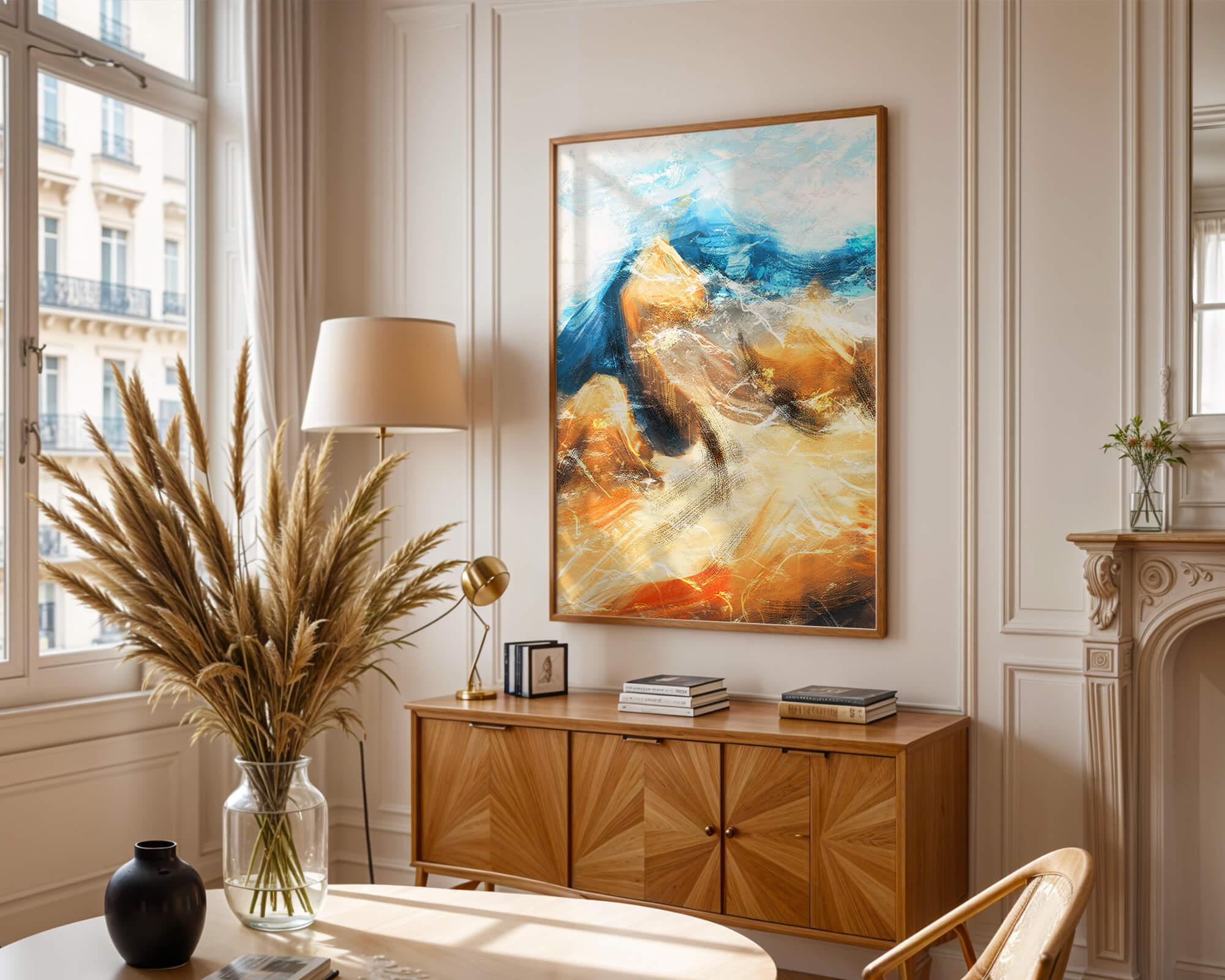 Abstract landscape with blue and golden hues