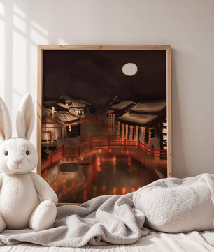 Traditional Japanese village at night with lanterns and full moon