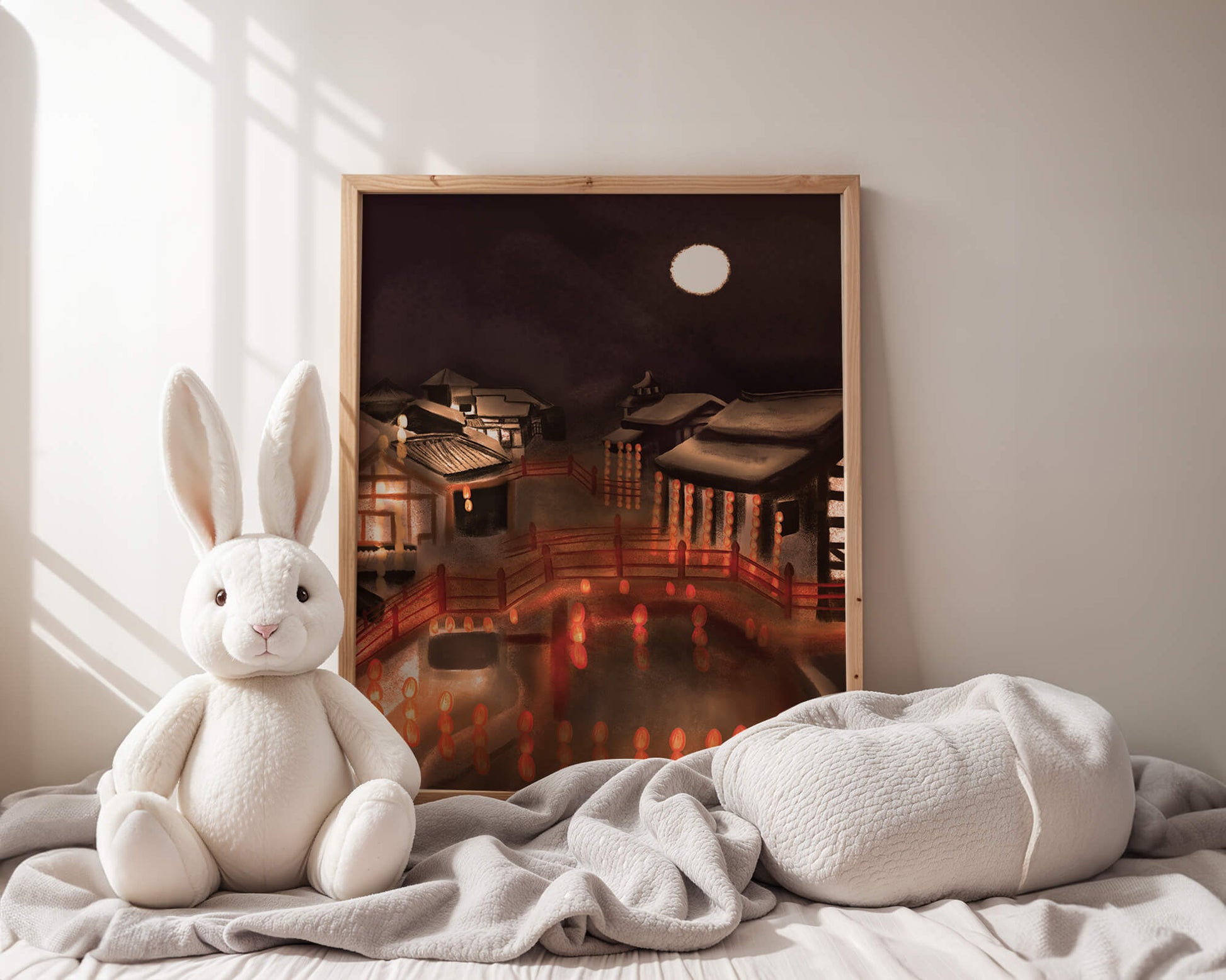 Traditional Japanese village at night with lanterns and full moon