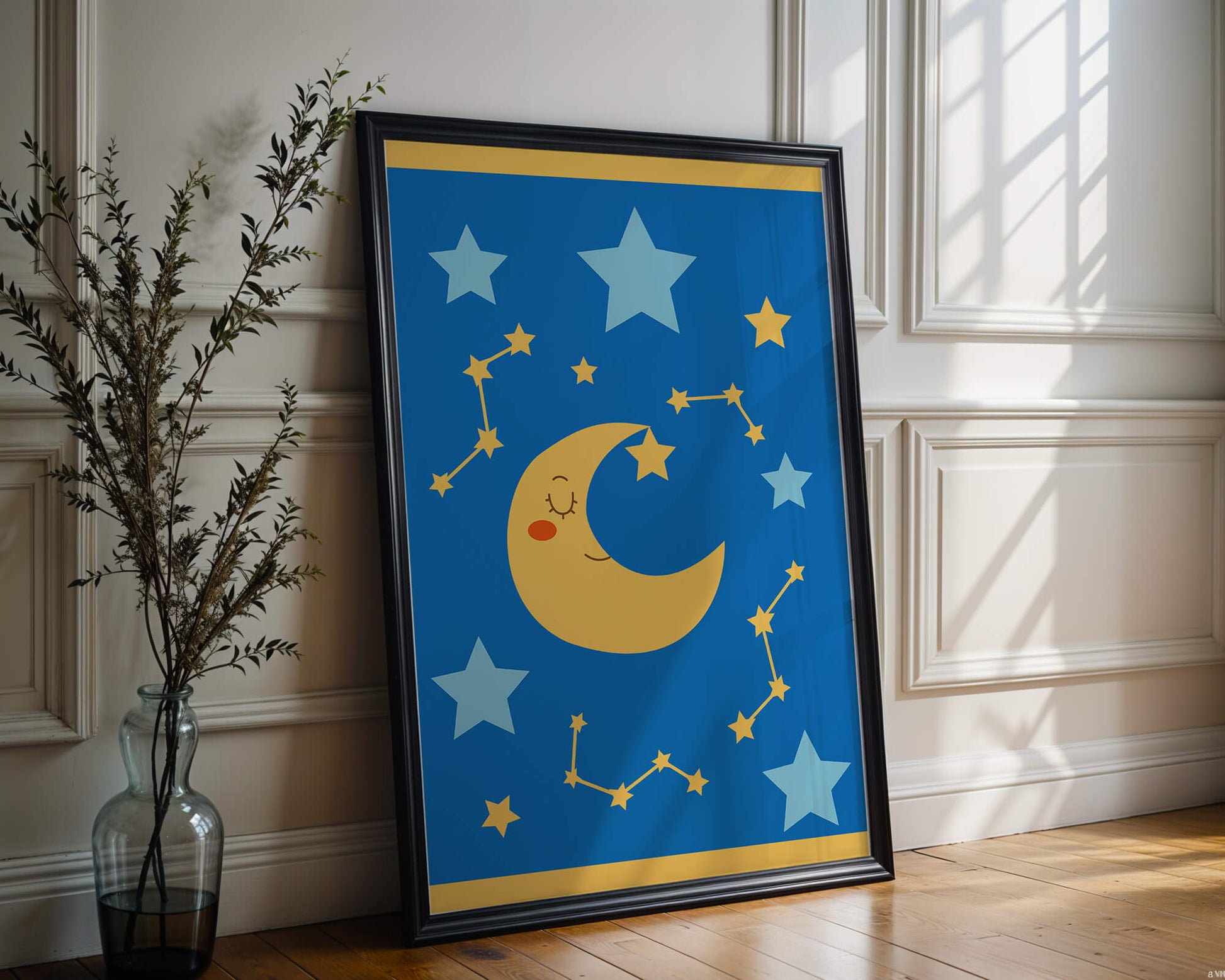 Whimsical children's room decor with smiling moon and stars