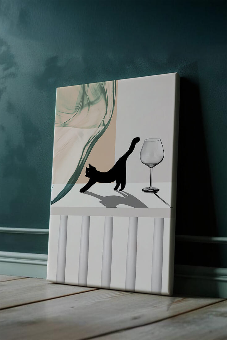Abstract Composition with Black Cat and Wine Glass on Geometric Background