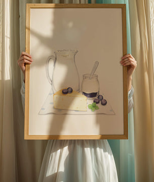 Illustration of dairy products with blueberries on polka dot cloth