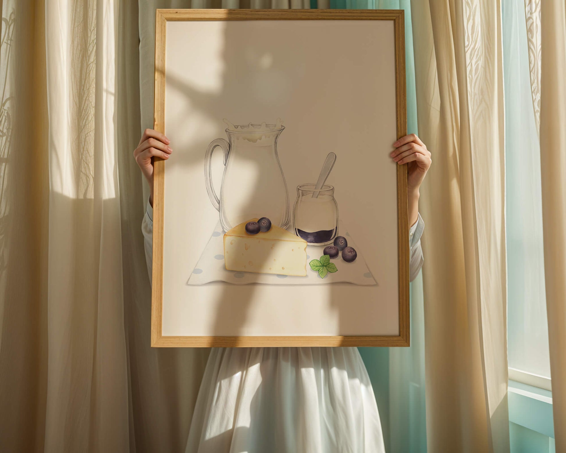 Ilustración de productos lácteos con arándanos sobre tela de lunares.