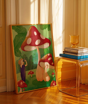Playful illustration of a child with oversized mushrooms in a whimsical forest setting