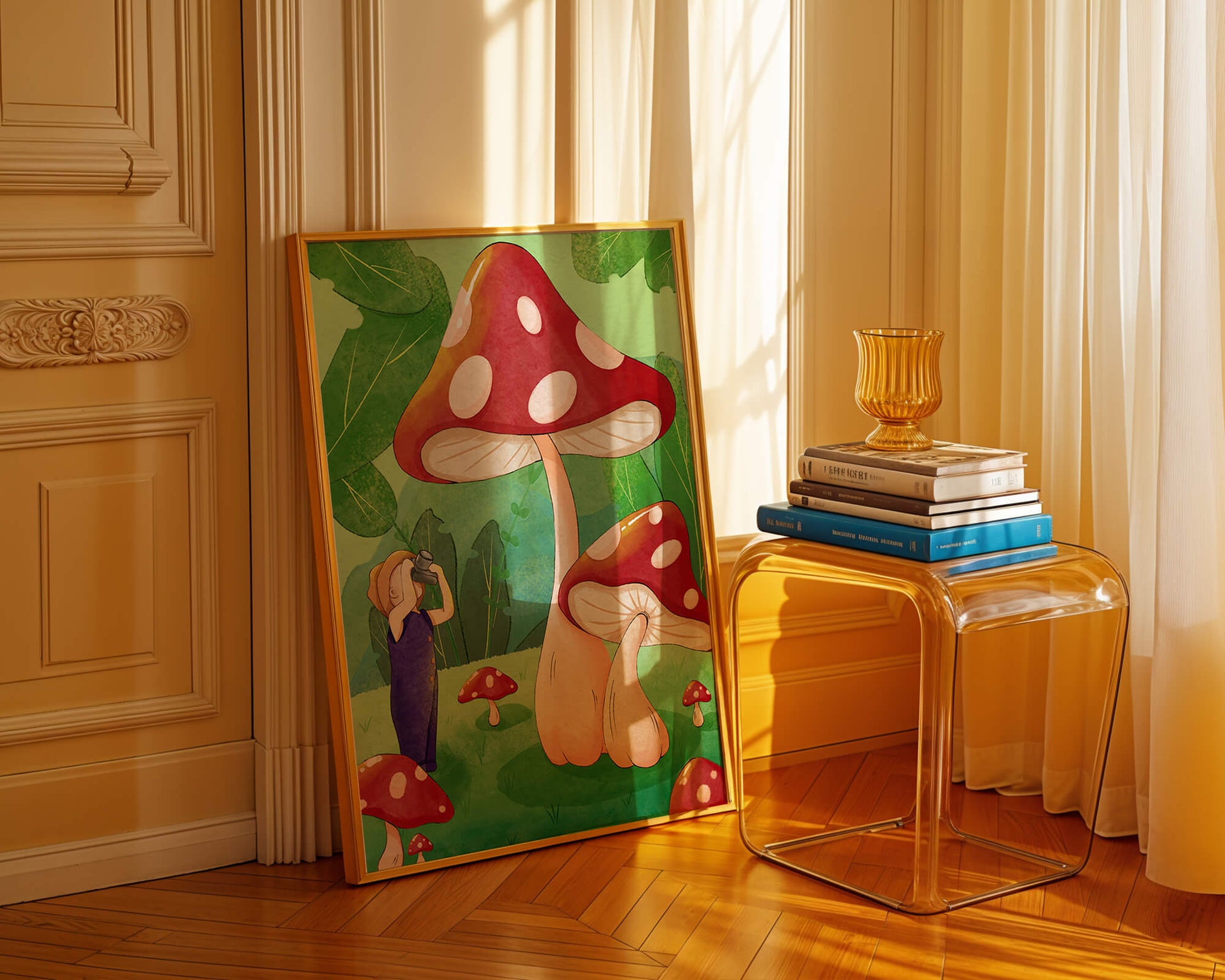 Playful illustration of a child with oversized mushrooms in a whimsical forest setting