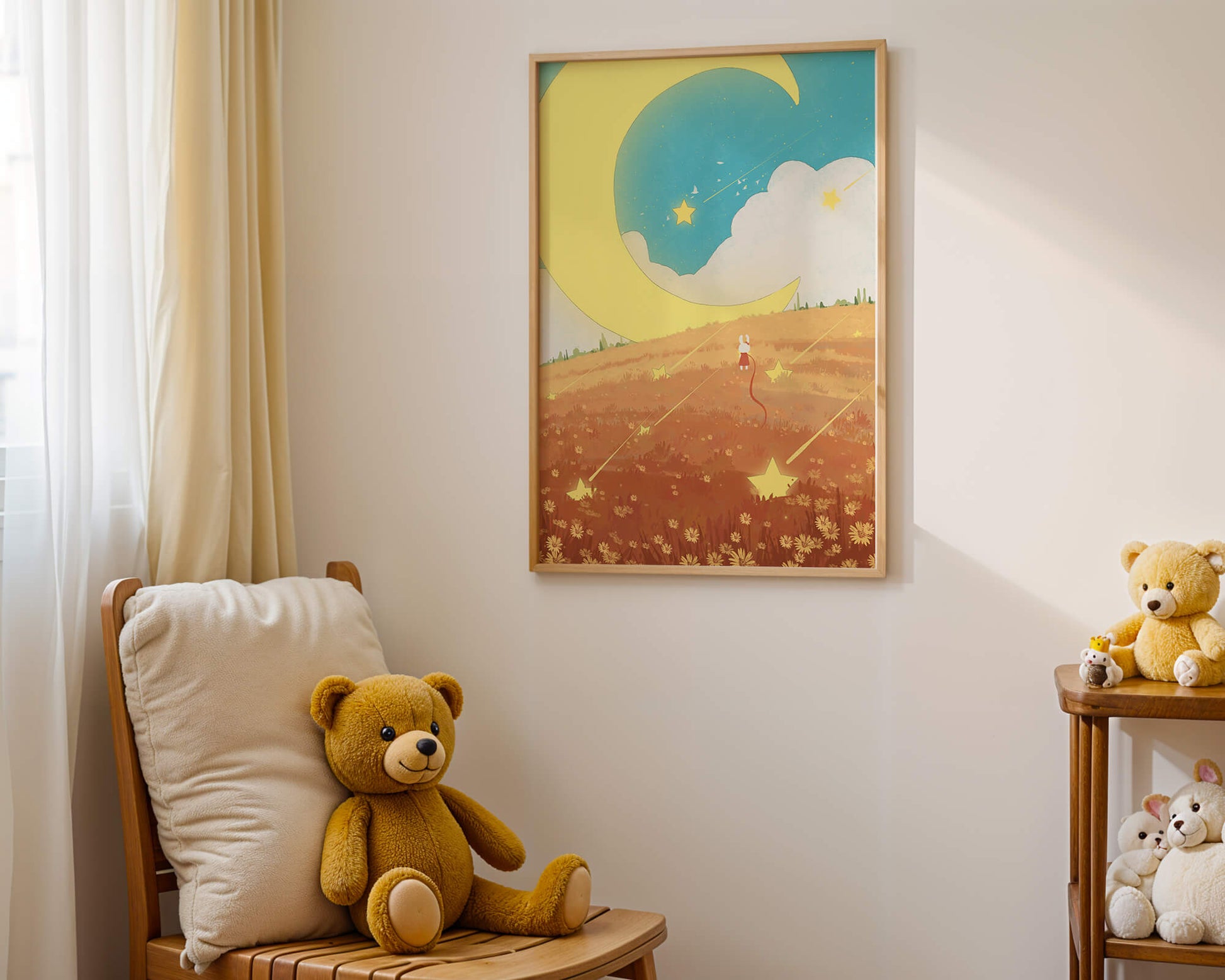 Dreamy Nighttime Landscape with Moon and Stars in a Field