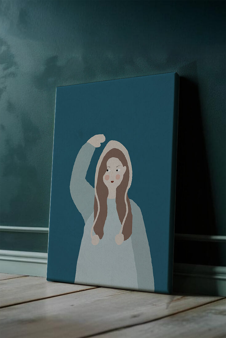 Illustrated girl with hoodie on teal background