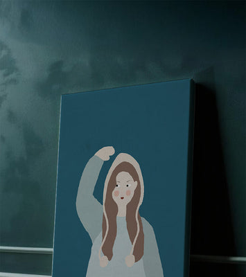 Illustrated girl with hoodie on teal background