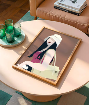 Ilustración elegante de una mujer con sombrero de cubo y ropa casual