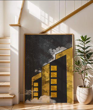 Ilustración arquitectónica artística con elementos dorados y cielo nocturno