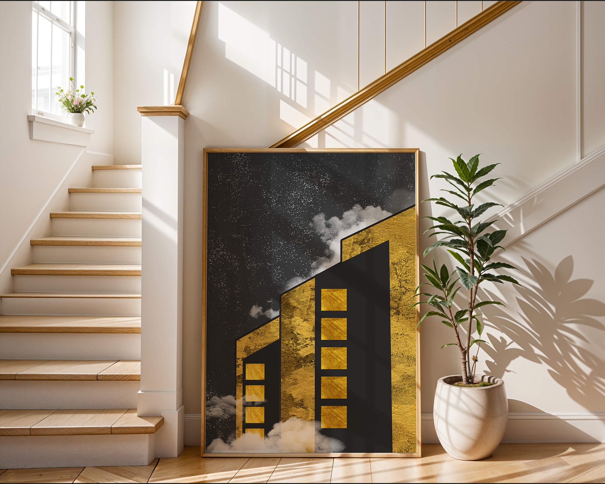 Artistic architectural illustration with golden elements and night sky