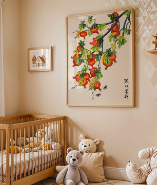 Artistic illustration of vibrant pomegranates on a branch with Asian aesthetic