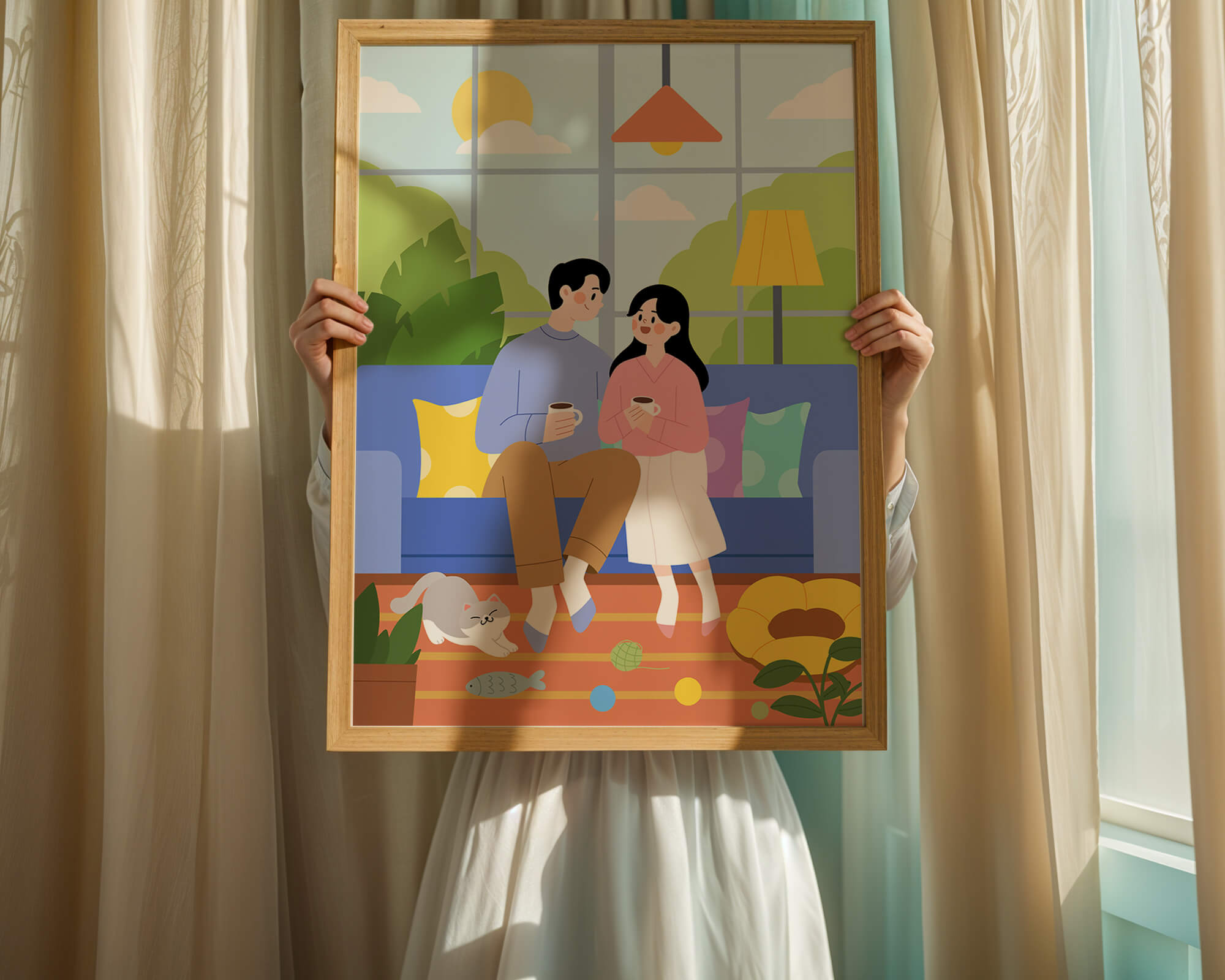 Cozy living room scene with couple and playful cat