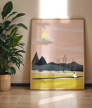 Serene landscape with mountains, village, and a girl under a pink sky