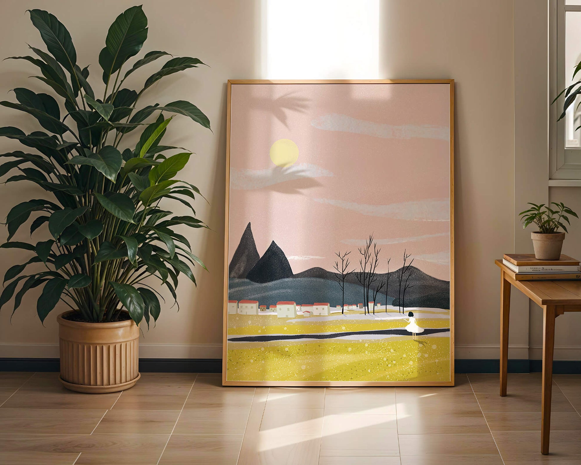 Serene landscape with mountains, village, and a girl under a pink sky