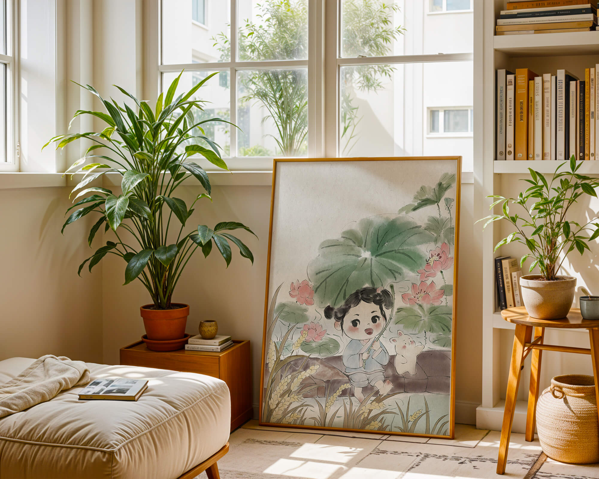 Charming illustration of a child with flowers and a bunny by the water
