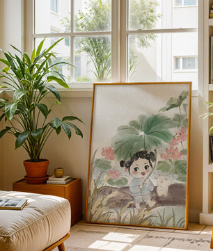 Charming illustration of a child with flowers and a bunny by the water